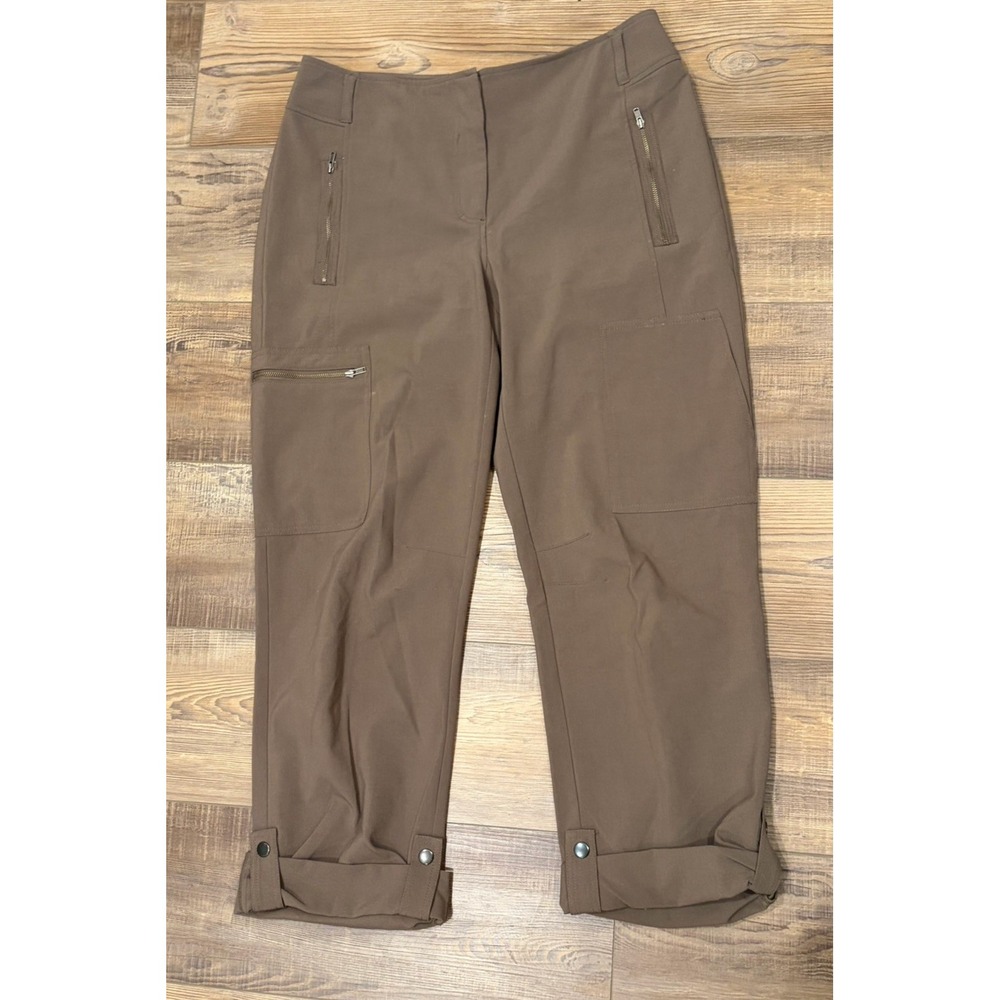 Chico's size 1 Brown dress Crop Pants Straight wide Leg Zip Pockets work wear